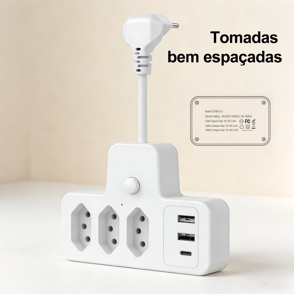Tomada Filtro De Linha Com Adaptador 3 Tomadas 2 Usb uma entrada tipo C