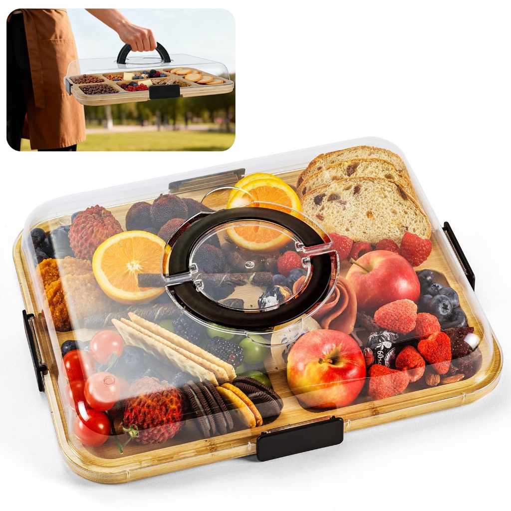 Tabuleiro de Queijo de Bambu com Tampa Hermética, Bandeja para Servir Alimentos em Festas e Piqueniques