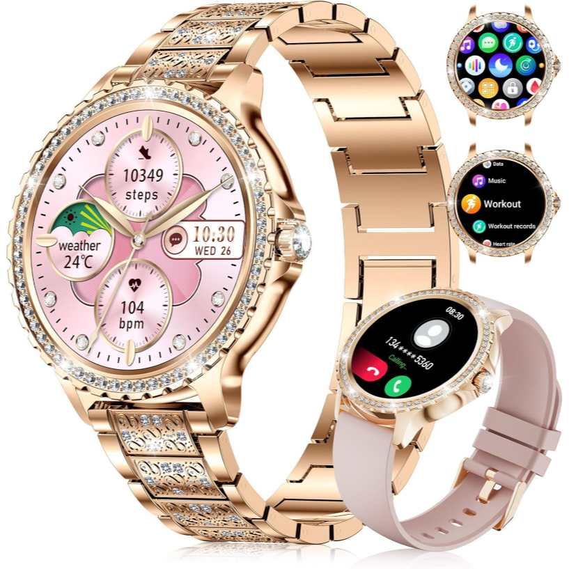 Smartwatch Feminino Dourado 1,32"，Chamada Bluetooth, IP67, Monitor de Esporte/Sono, Compatível com Android/iOS.