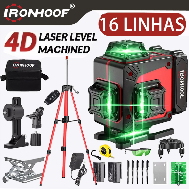 Nivel A Laser Com Tripé 16 Linhas 4D Verde 360º Profissional 2 Baterias