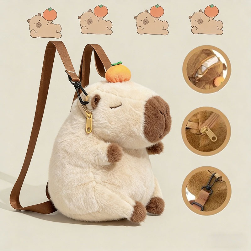 Kawaii Mochila de Capivara Pelúcia com Uma Laranja Na Cabeça-Macia-Grande 35cm-Branco-Presente Temático de Capivara