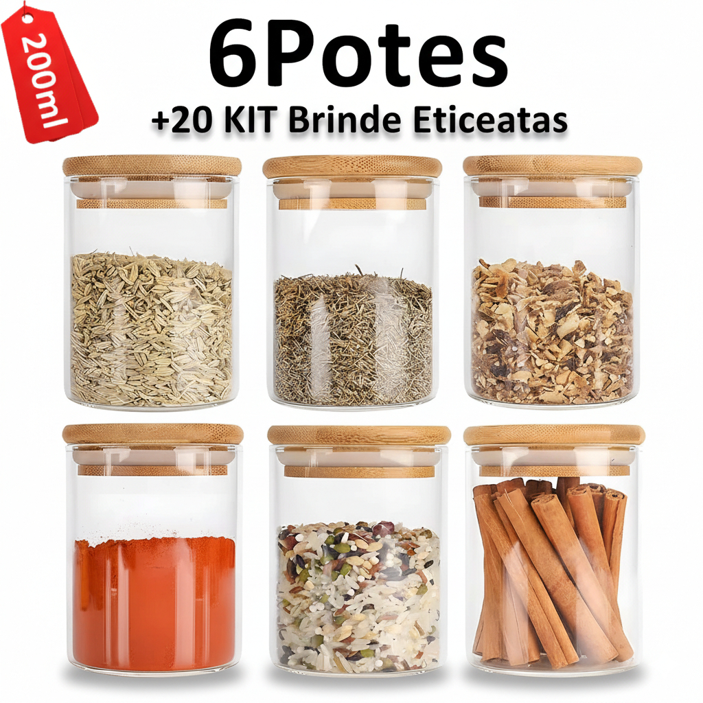 Kit 6 Potes de Vidro Hermético Tampa Bambu 200ml - Porta Temperos e Mantimentos Organização Cozinha em Oferta na Shopee
