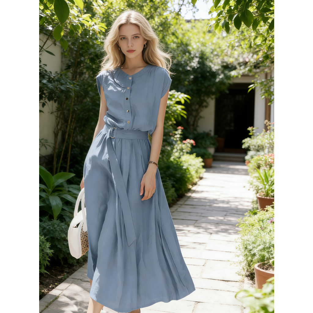 Vestido Midi Feminino Manga Curta Com Cinto Verão 2026 Elegante Casual Confortável Leve Fluido Passeio Dia a Dia QUALY em Oferta na Shopee