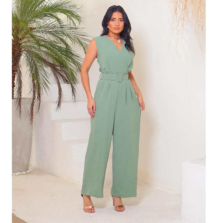 Macacão Longo Feminino Regata Alfaiataria Duna Pantalona Flare com Cinto Decote V