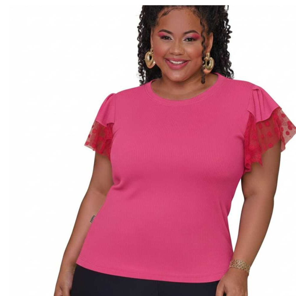 Blusa Plus Size Feminina Canelado Manga Flare Tule Elegante Tendência