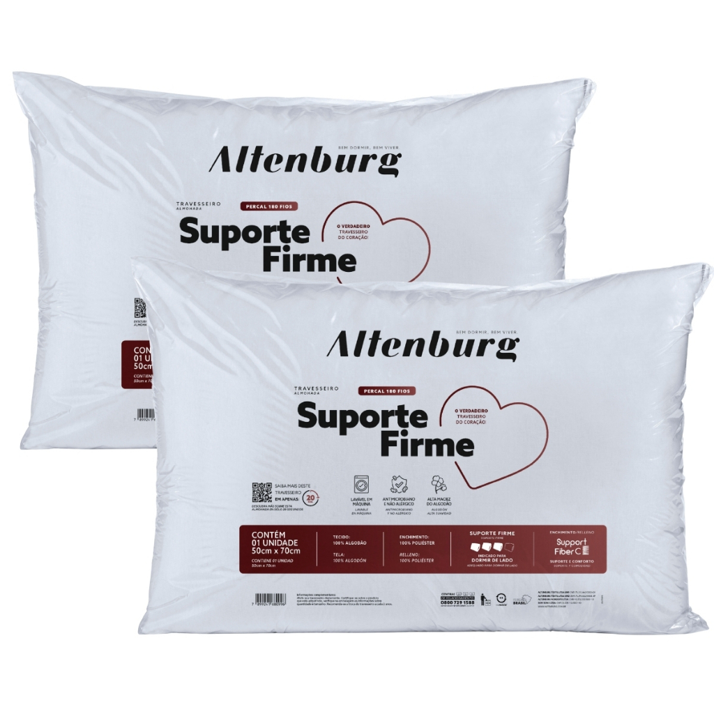 Kit 2 Travesseiros Altenburg Suporte Firme Original 50x70cm Percal 180 Fios Lavável Branco