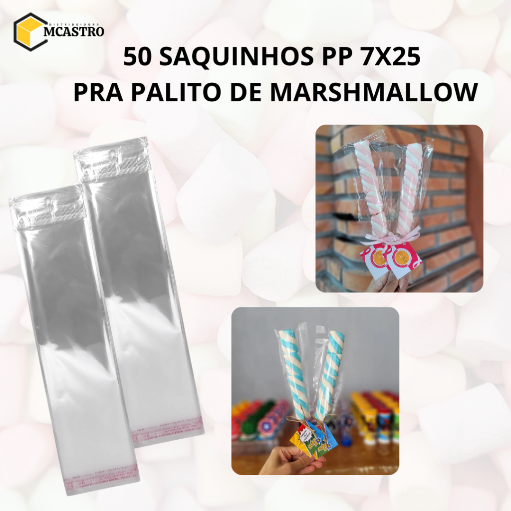Saquinho Transparente Para Espeto De Marshmallow Suspiro Doces 7x25 c/50 Un
