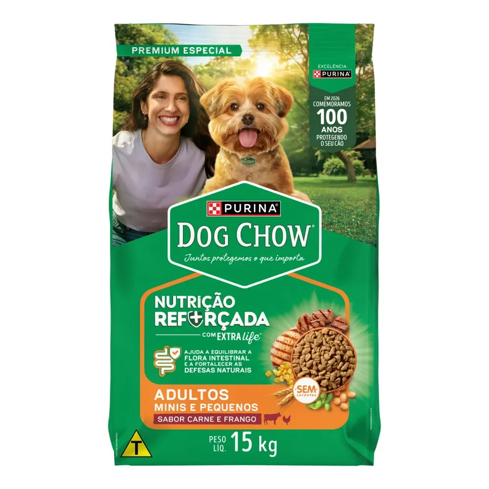 Dog Chow Extralife Ração Cães Adultos Minis e Pequenos Carne, Frango - 15 kg em Oferta na Shopee