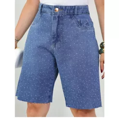 Bermuda Jeans Feminina Cintura Alta Strass Casual Verão