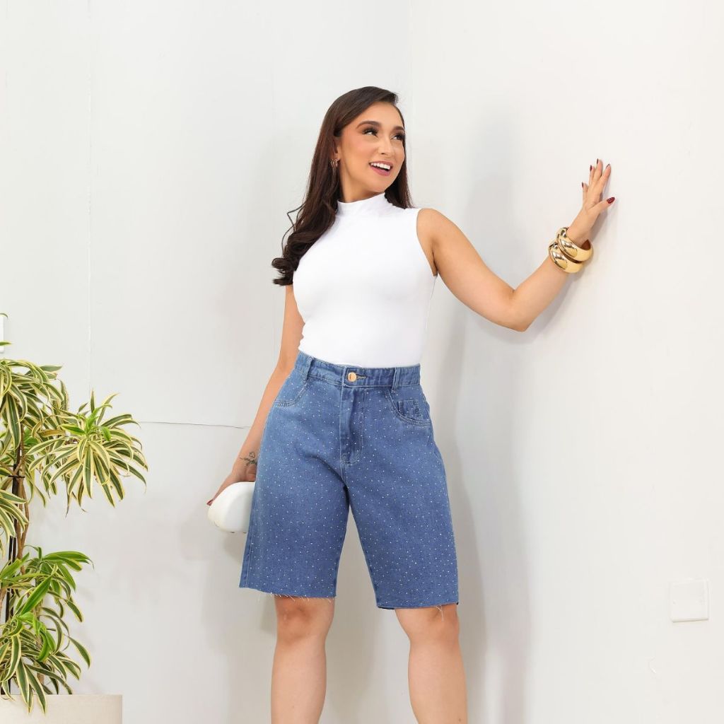 Bermuda Jeans Feminina Cintura Alta Strass Casual Verão — imagem 2 de 2
