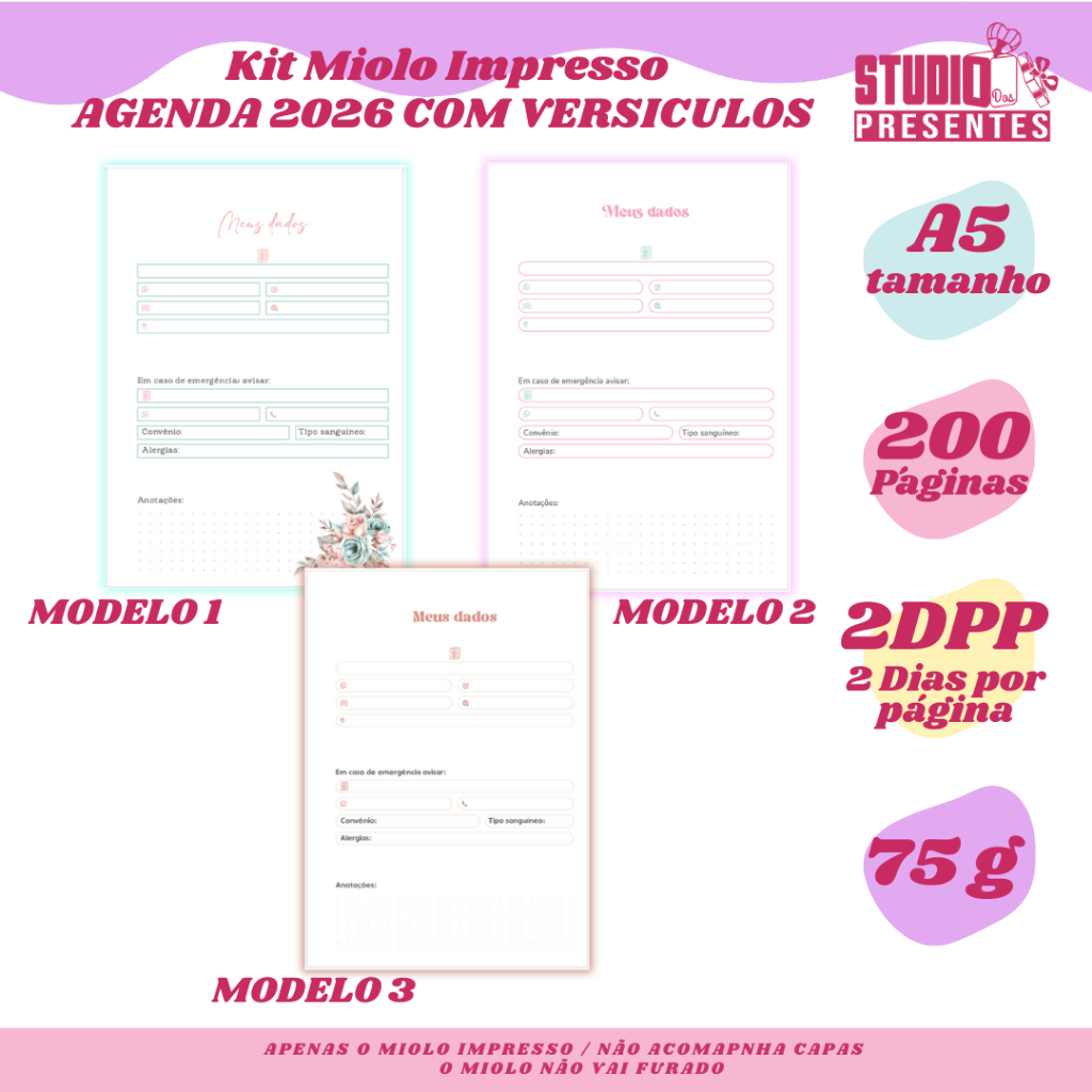 KIT 3 MIOLOS AGENDA VERSICULOS 2DPP 2026 IMPRESSAO PIGMENTADA 200 PAGINAS