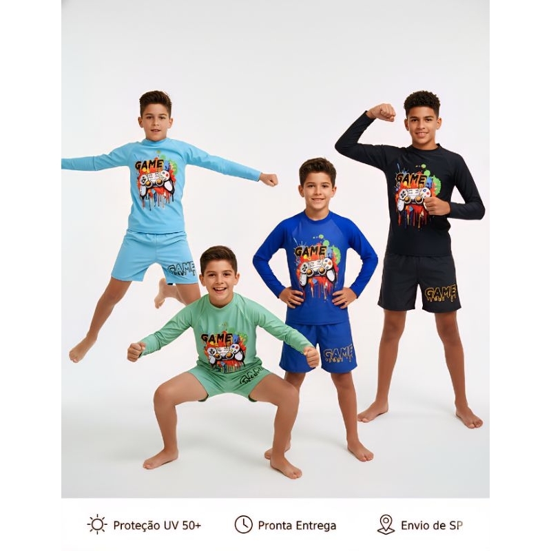 Conjunto Praia Juvenil Gamer Poliamida UV 50+ Premium Camisa + Sunga Forrada