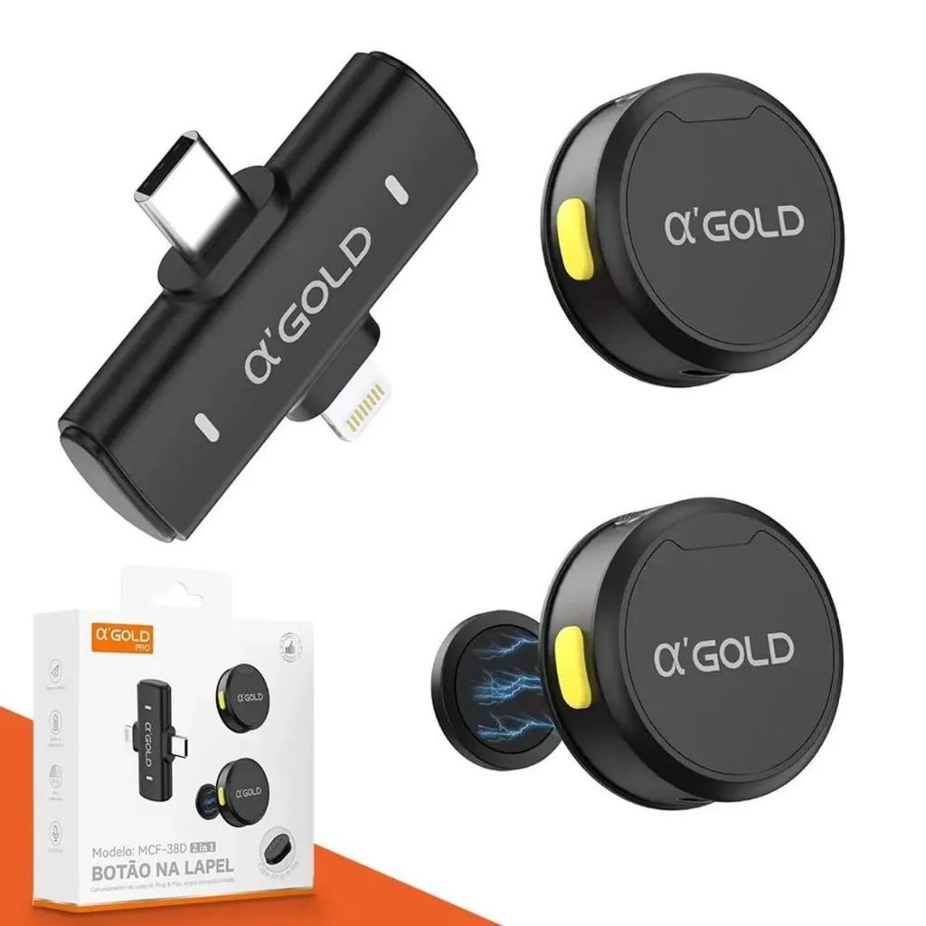 Microfone de Lapela Sem Fio AGOLD MCF-38D Magnético Duplo– Para Celular, Live, Entrevista e Gravação