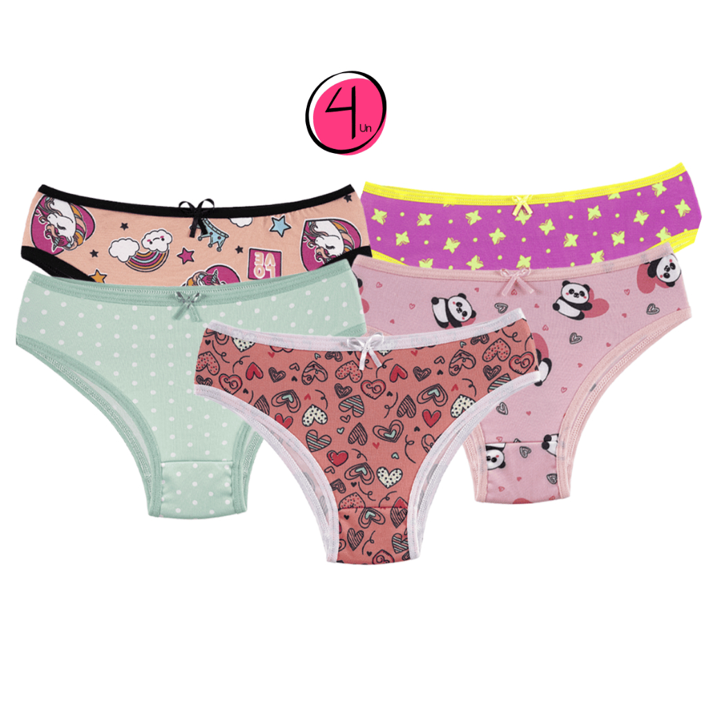Kit 4 Calcinha Juvenil Micro Estampada Menina Moça Feminina Tanga Conforto Forro 100% Algodão