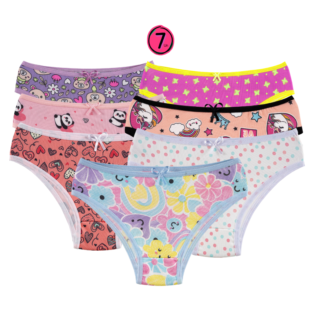 Kit 7 Calcinhas Juvenis Micro Estampada Menina Moça Feminina Tanga Infantil Conforto Forro Algodão
