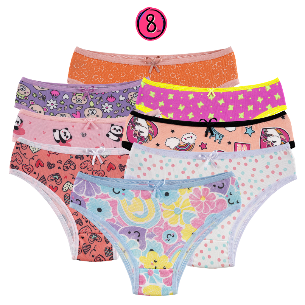 Kit 8 Calcinha Juvenil Micro Estampada Menina Moça Feminina Tanga  infantil Conforto Forro Algodão