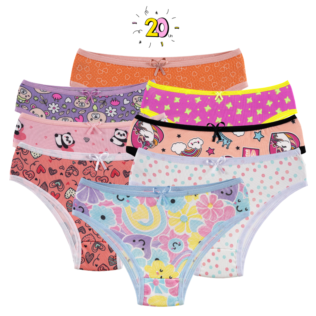 Kit 20 Calcinha Juvenil Micro Estampada Menina Moça Feminina Tanga Infantil Conforto Forro Algodão