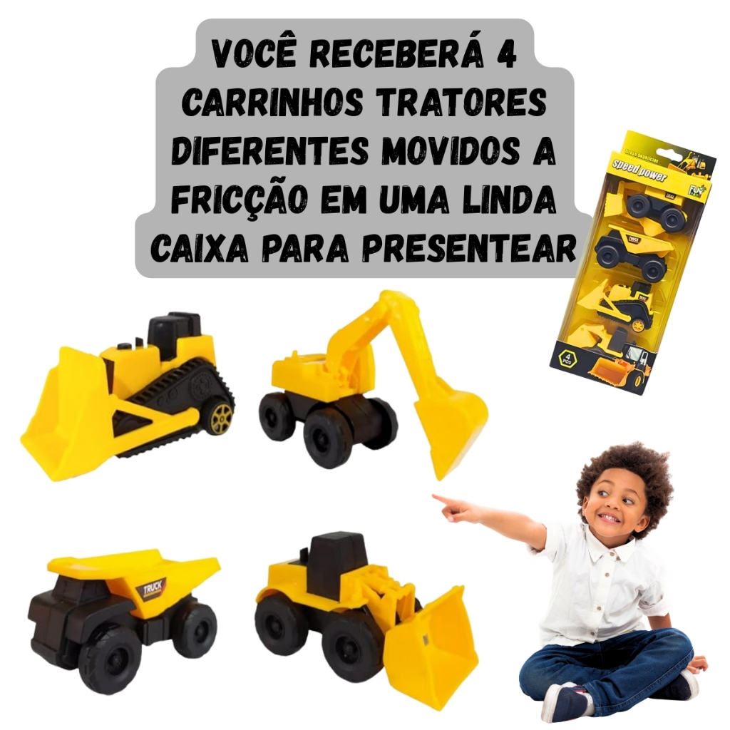 Carrinhos Brinquedo Menino Trator Escavadeira Kit com 4 Carrinhos de Construção Coleção Atacado