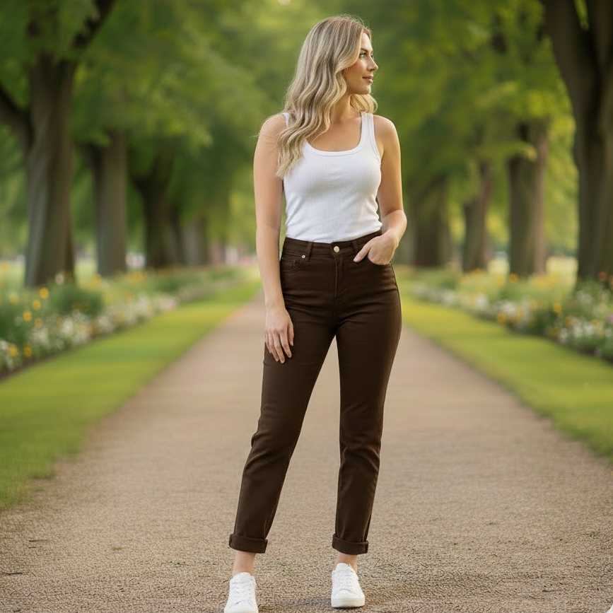 Calça Mom coloridoJeans Feminina Barrinha Dobrada Cintura Alta Sem Lycra em Oferta na Shopee