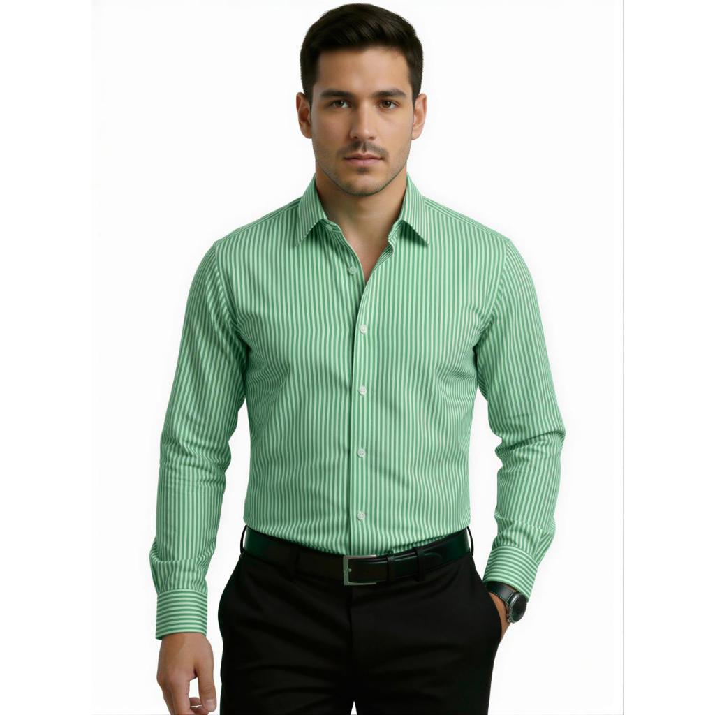 Camisa Social Listrada de Manga Longa com Acabamento Refinado em Oferta na Shopee