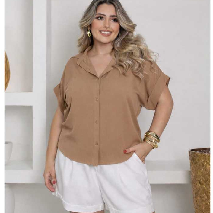 Camisa Feminina Plus Size Viscolinho Lisa  Soltinha Manga Curta Casual Verão Leve em Oferta na Shopee