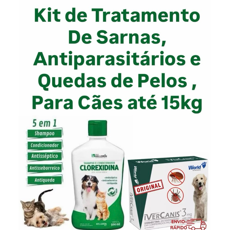Kit Tratamento de Sarnas e Antiparasitários Shampoo Clorexidina 500ml e Ivercanis 3mg