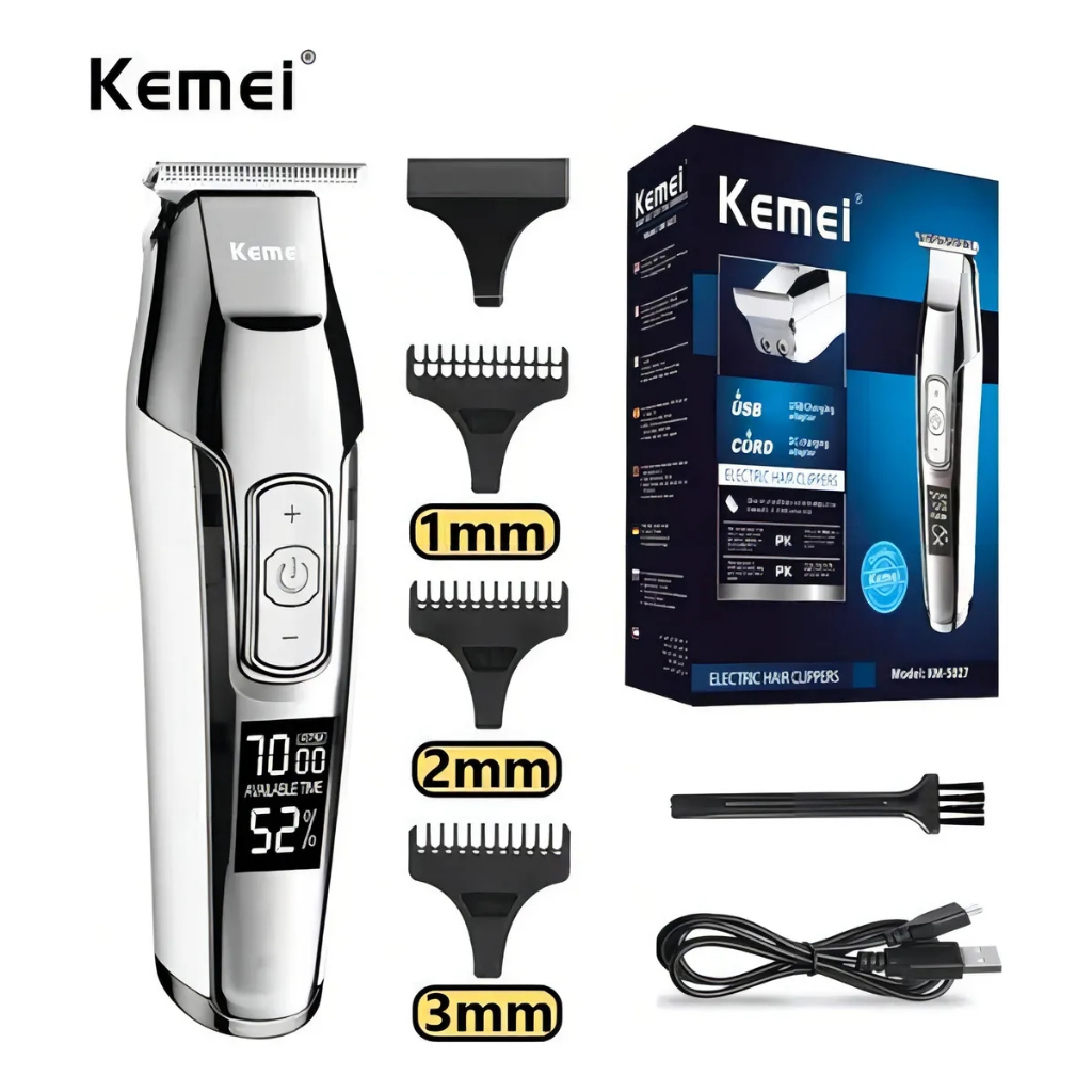 Máquina de Cortar Cabelo Kemei 5027 Profissional Sem Fio Display LCD 4 Velocidades Acabamento Zero