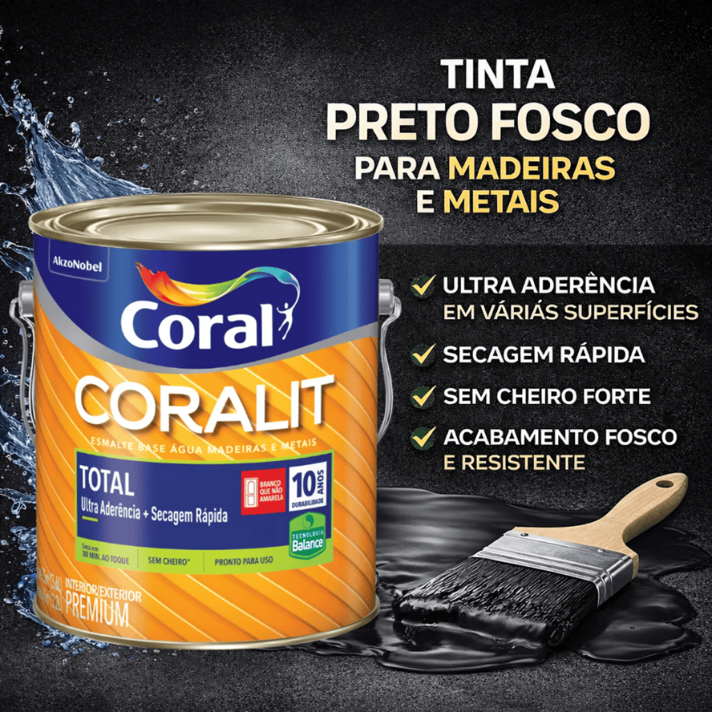 Tinta Esmalte Base Água Preto Fosco Coralit Coral Secagem Rápida para Madeira e Metal