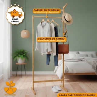 Cabideiro Mancebo De Chão Em Bambu Arara Organizador De Roupas Closet Expositor Com Ganchos em Oferta na Shopee