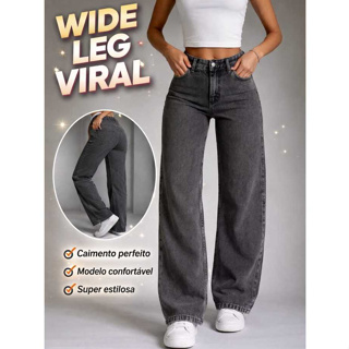 Calça Jeans feminina Wide Leg Marmorizada Grafite Pantalona  Boca larga Viral Confortavel em Oferta na Shopee