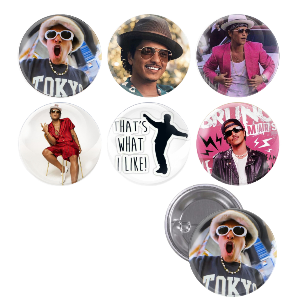Cartela com 6 Bottons Bruno Mars - Cantor Compositor Artista / Ator / Pop / Broche / Pins / Bruninho