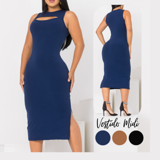 Vestido Midi Tubinho Com Fenda Canelado Premium LANÇAMENTO em Oferta na Shopee