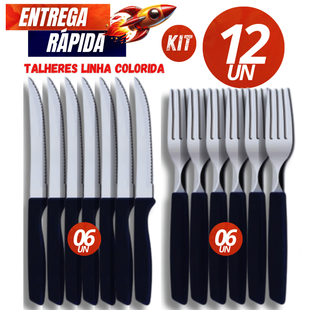 Kit Jogo De Talheres 12 Peças - 06 Garfo  06 Faca Inox Com Cabo De Plástico Premium Casa Cozinha Restaurante em Oferta na Shopee
