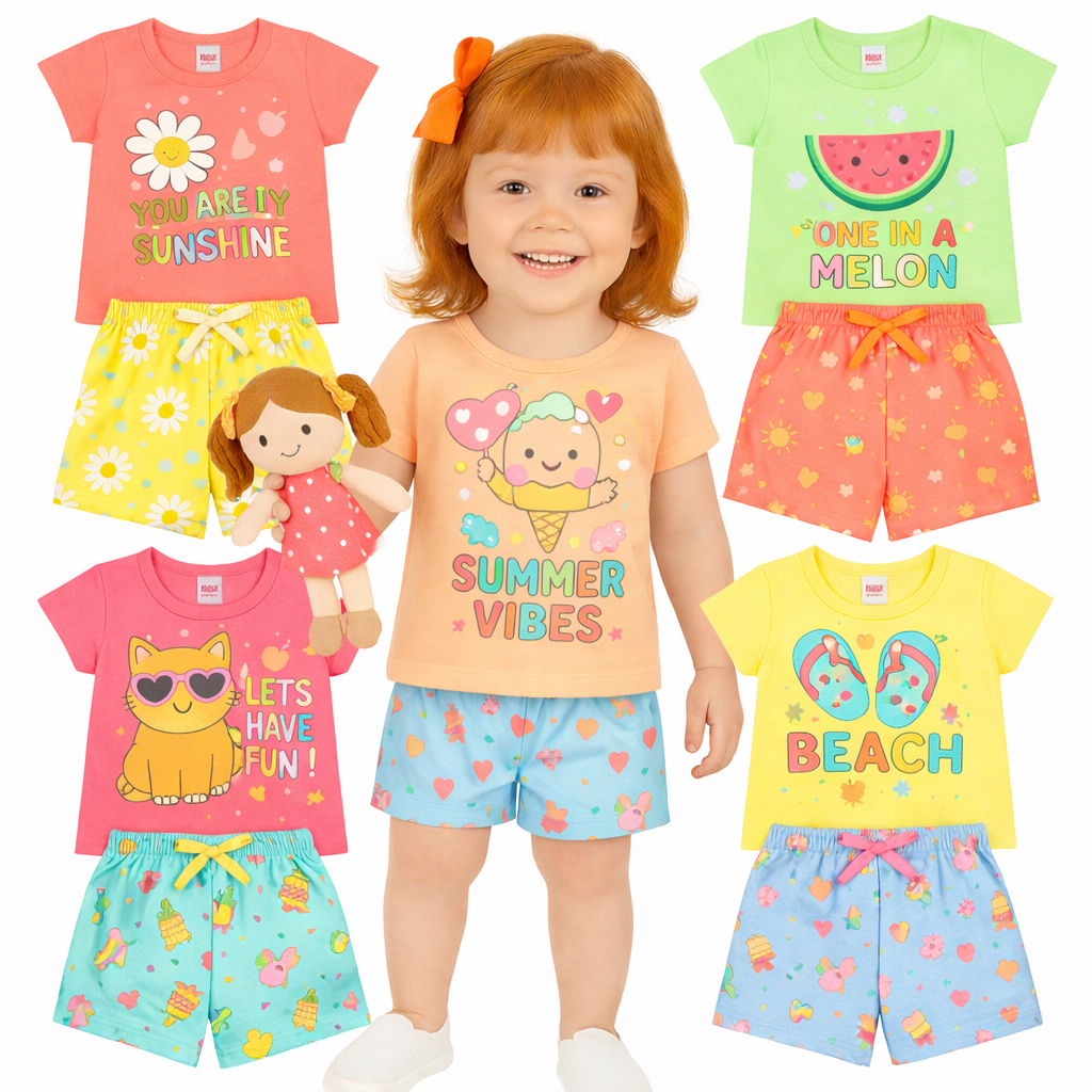 Kit Sortido 2 ou 4 peças Roupa Infantil Menina Verão Conjunto Bebê Feminino Verão Manga Curta e Shorts