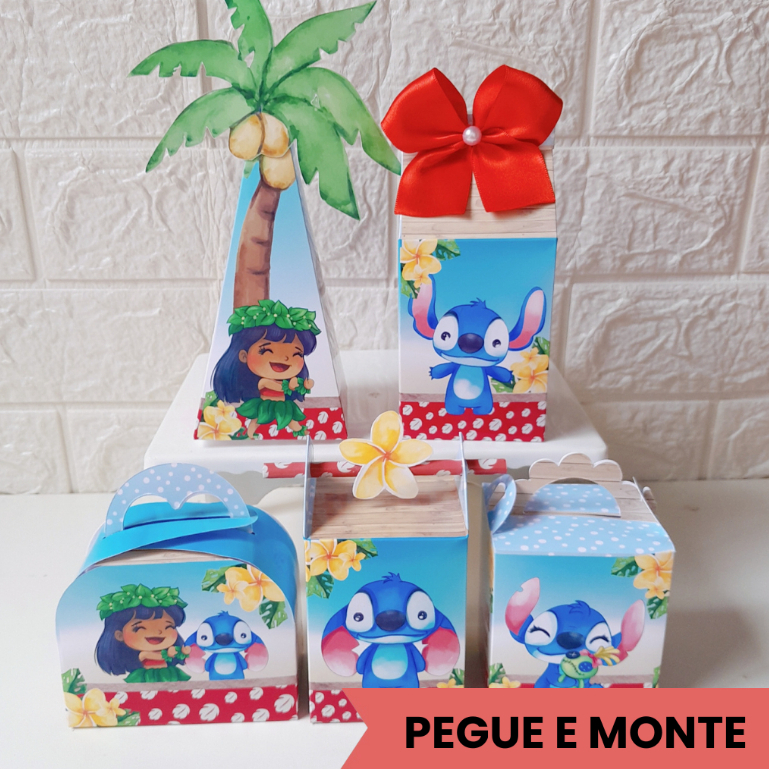 Kit Caixas Personalizadas Lilo e Stitch Pegue e Monte Lembrancinha Festa Infantil Lilo e Stitch Caixinha Mimo