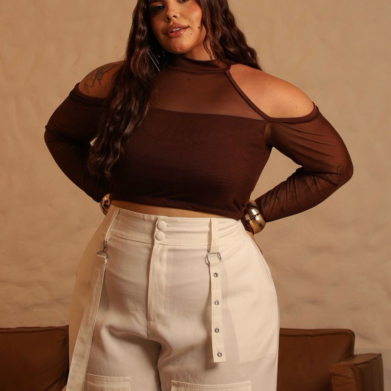 Cropped plus size manga longa tule - Lari em Oferta na Shopee