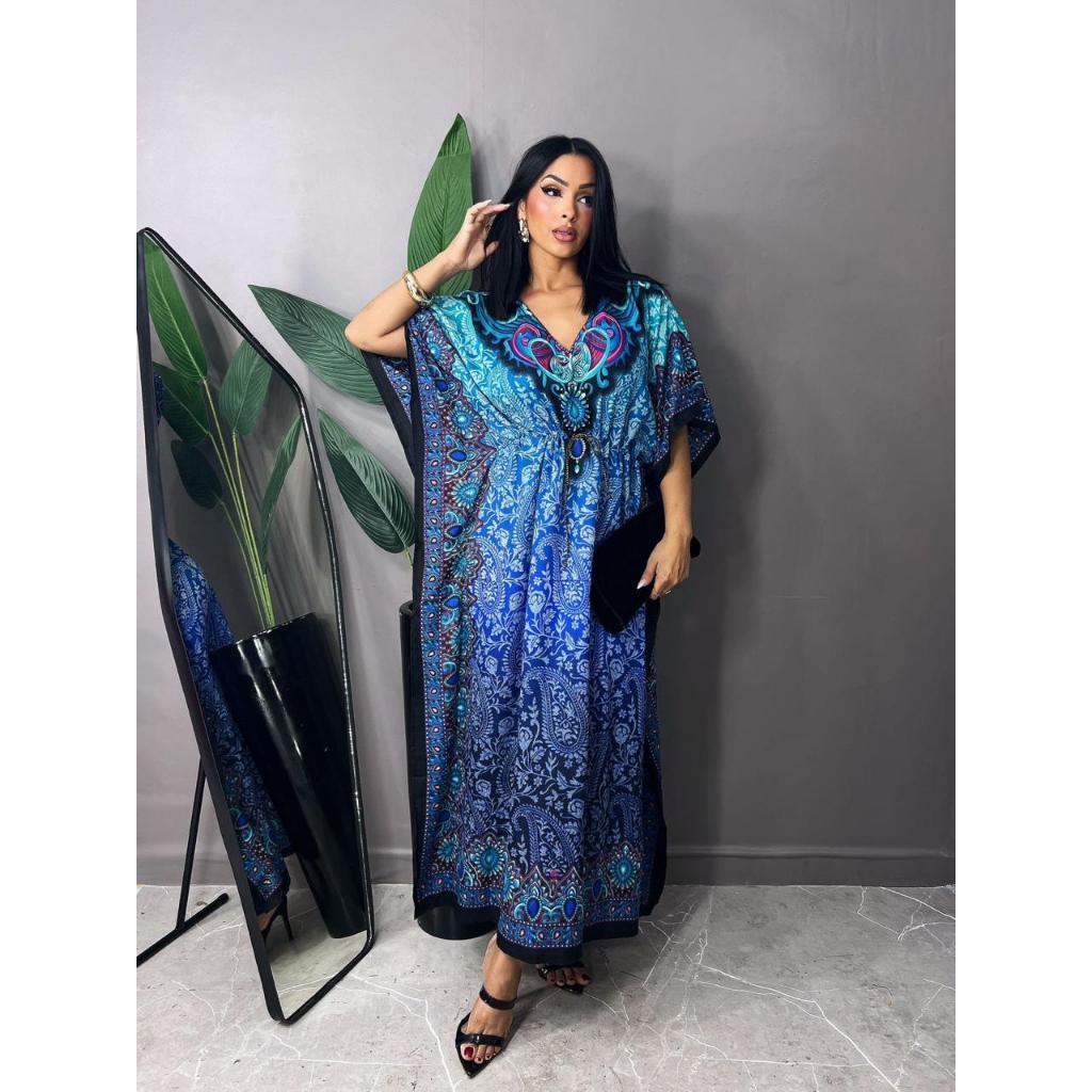 vestido indiano kafta longa estampado