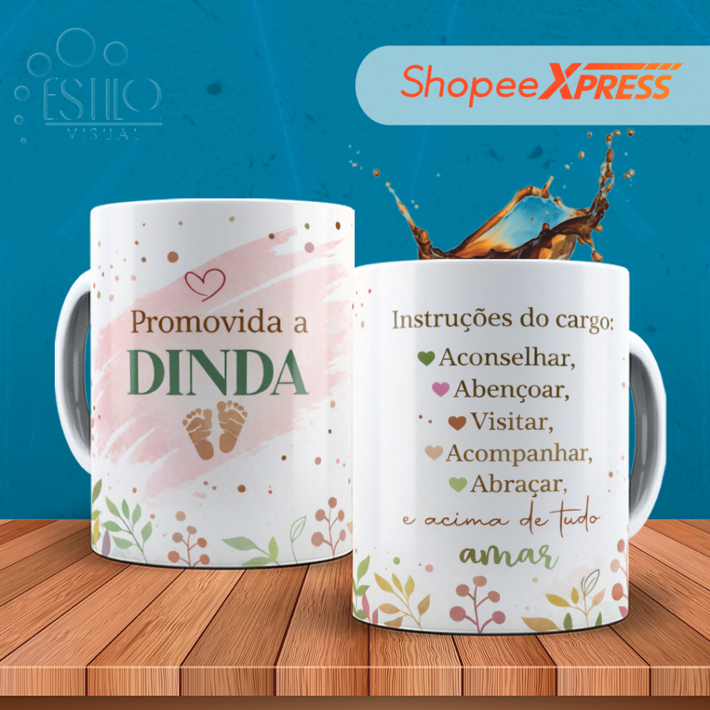 💖Caneca Dinda Personalizada 325ml – Presente para Madrinha 👶 Chá de Bebê 🎁 Batizado ✨ Anúncio de Dinda ☕ em Oferta na Shopee