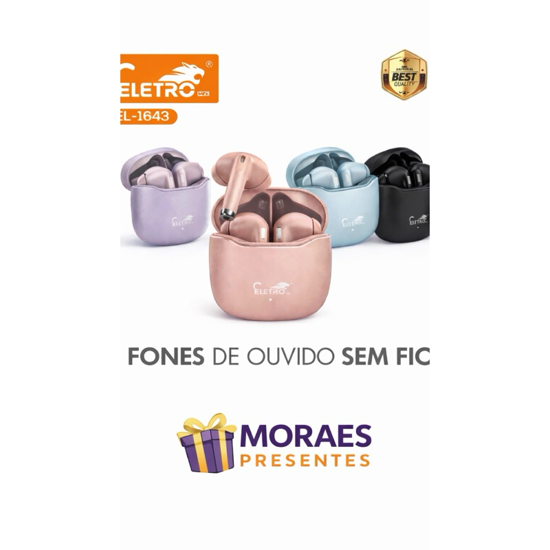 Fone Bluetooth Eletro EL-1643 V5.4, som potente e conexão estável. Cores: preto, rosa, lilás, branco e azul.
