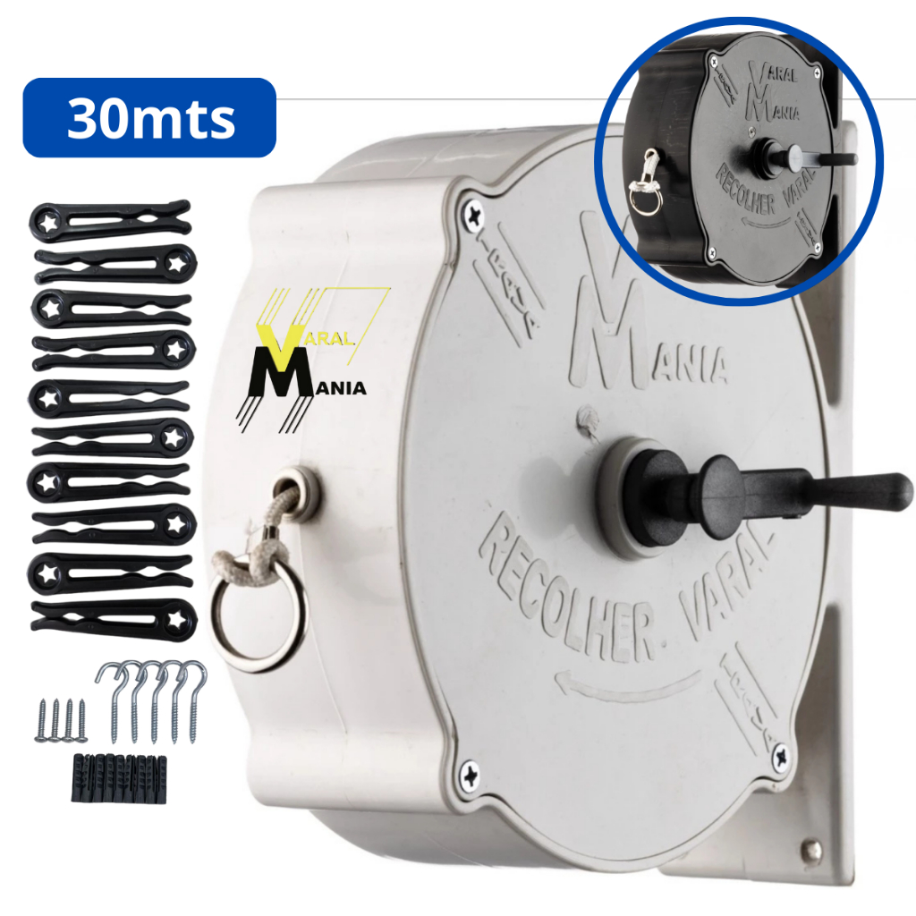 Varal Recolhível Parede 30m Resistente Ao Sol e Chuva + 10 Pregadores + Kit Instalar em Oferta na Shopee