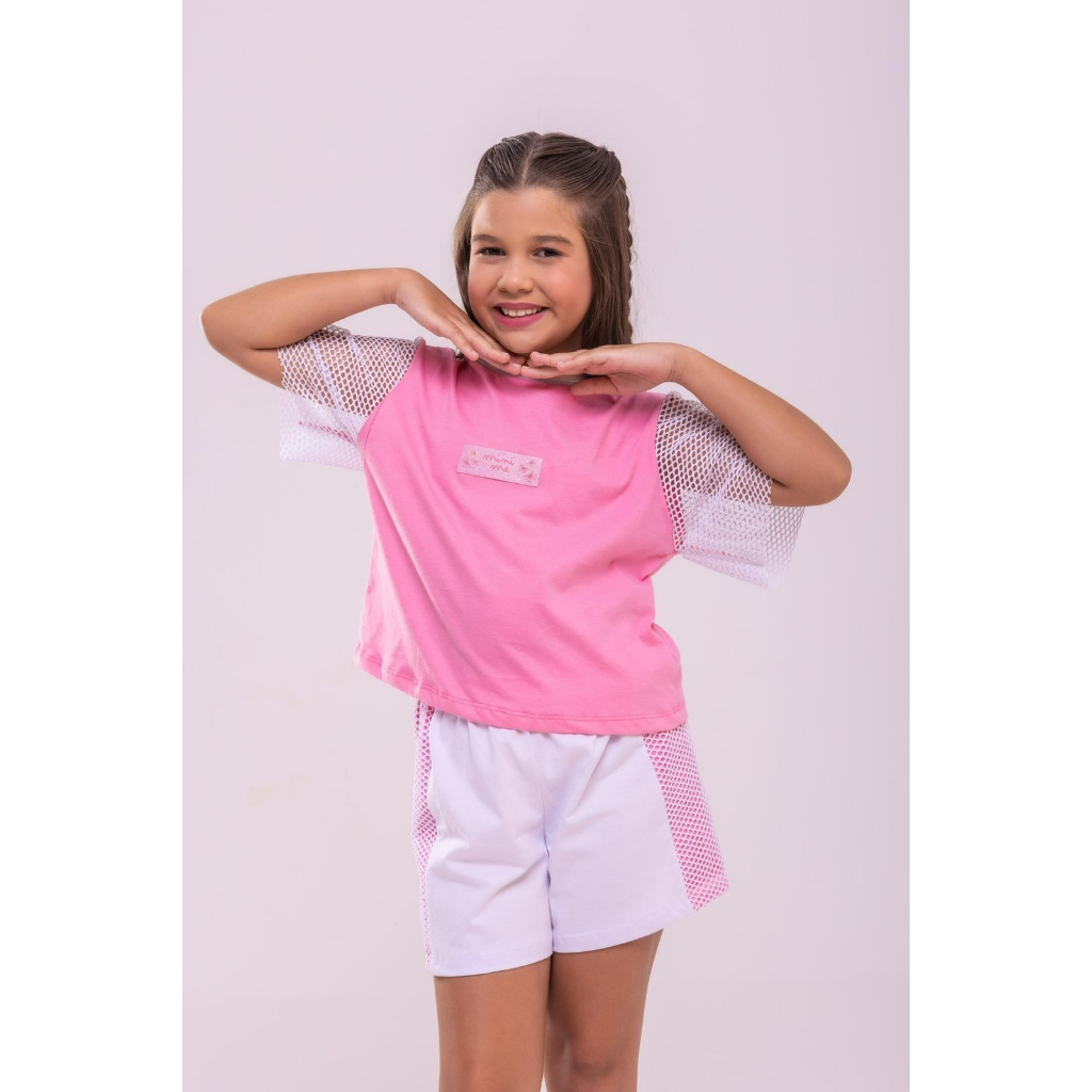Conjunto Infantil, Blusa e Short em malha 100% algodão e detalhe em arrastão, com estampa em DTF, do 4 ao 8 anos.