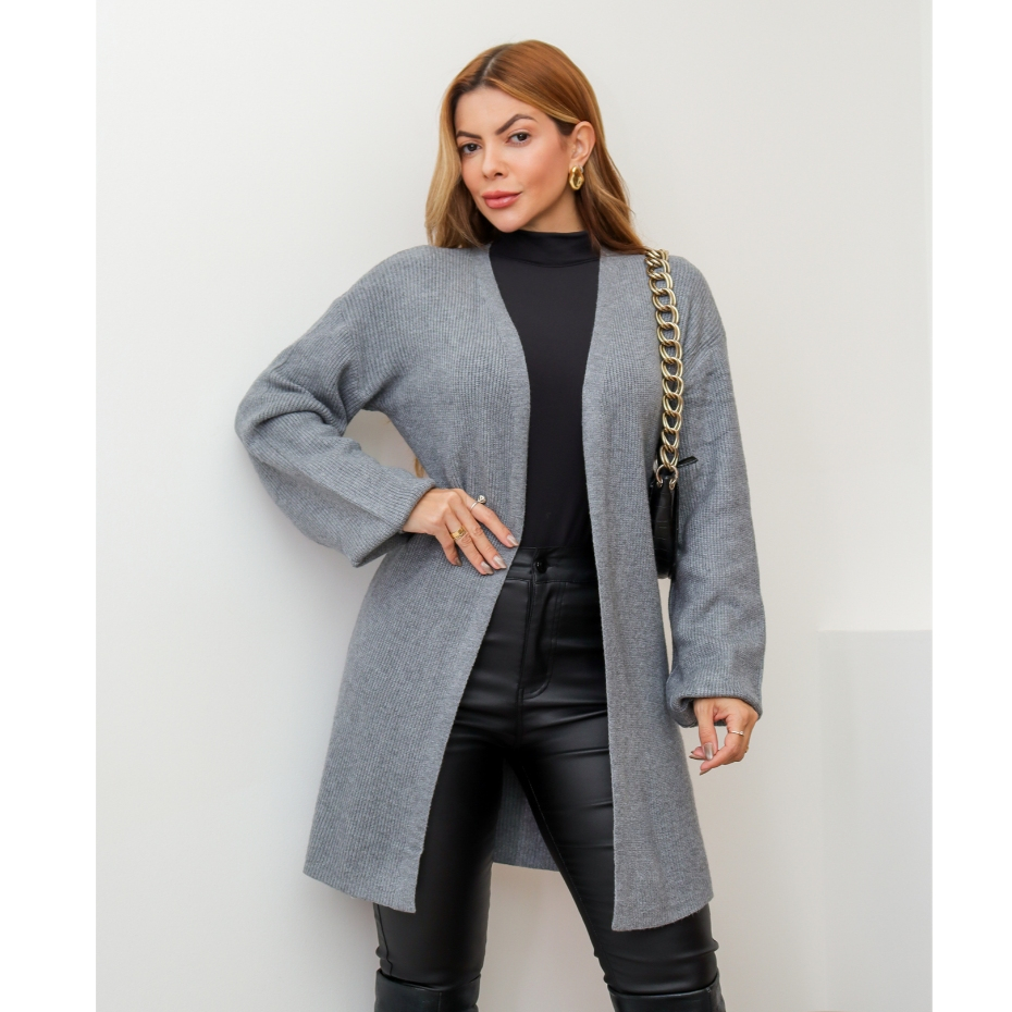 Cardigan Feminino Tricot Alongado Aberto com Bolsos Manga Longa Inverno 3RD SD3022