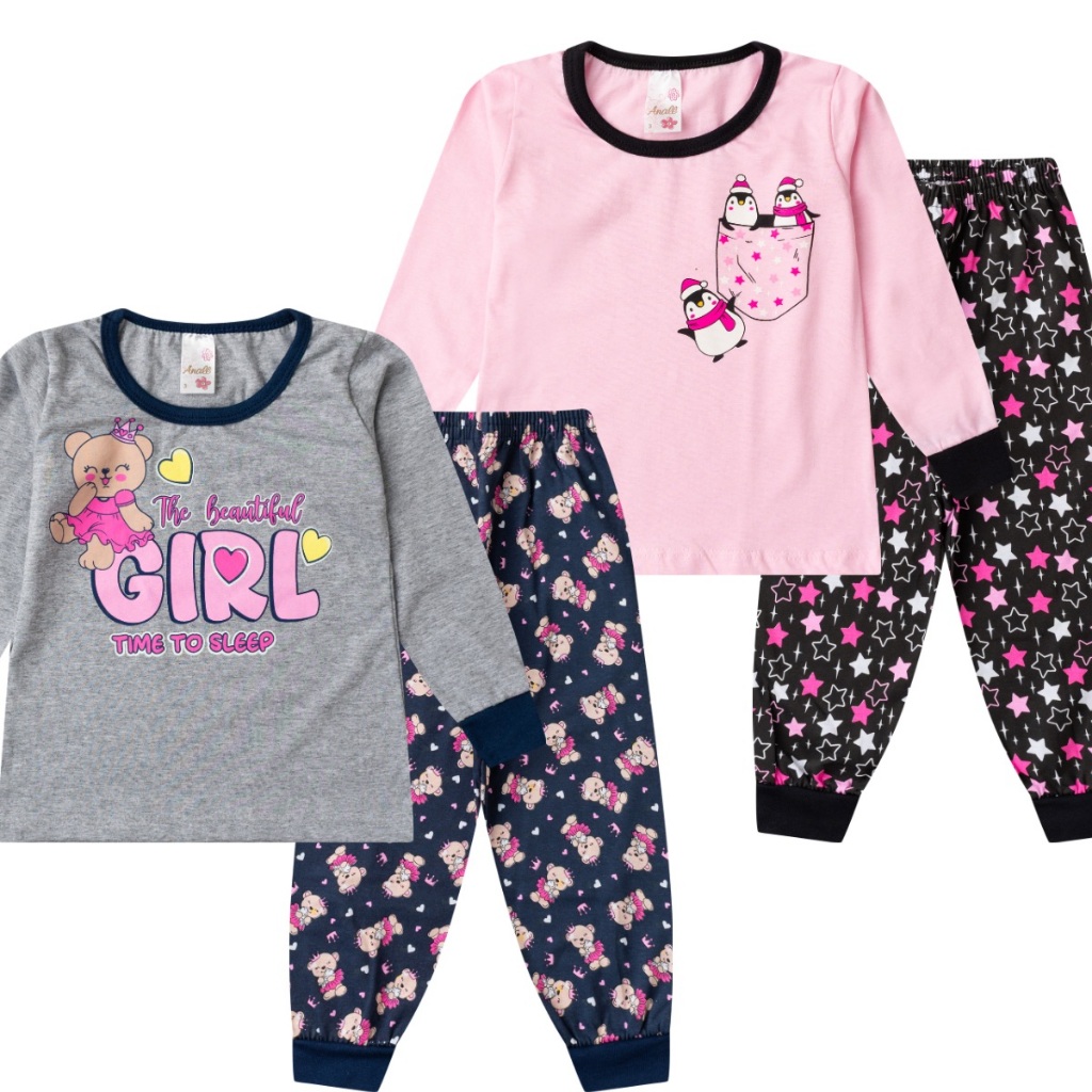Kit 2 Pijama Infantil  Menina Feminino Algodão Inverno em Oferta na Shopee