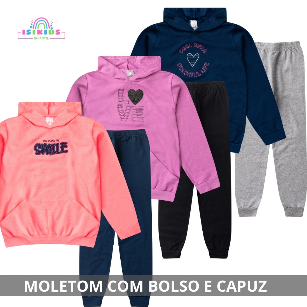 3 Conjunto Moletom Infantil Juvenil Menina 3 Casaco, 3 Calça