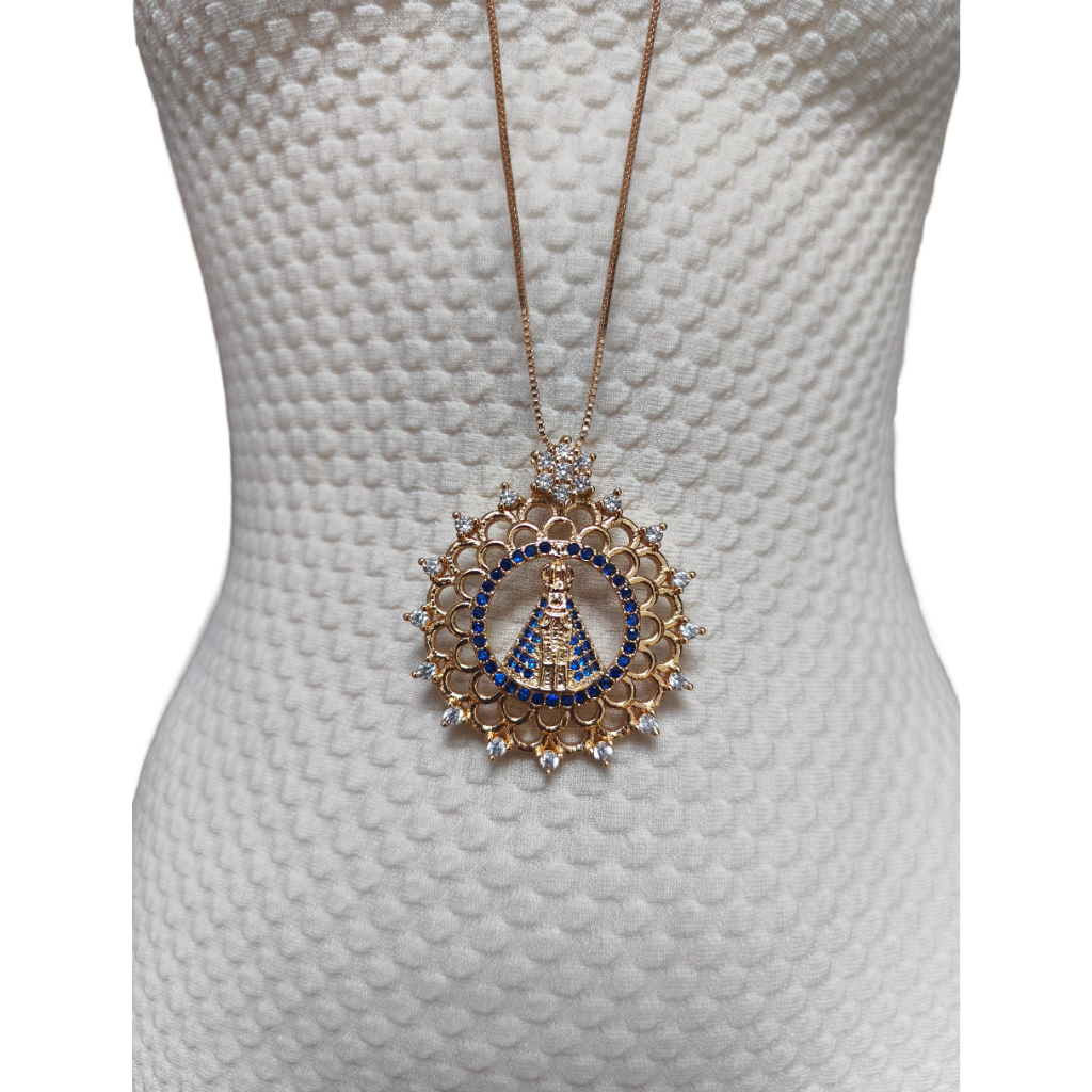 Colar Pingente Nossa Senhora Aparecida Cravejado Zircônia Banhado Ouro 18k