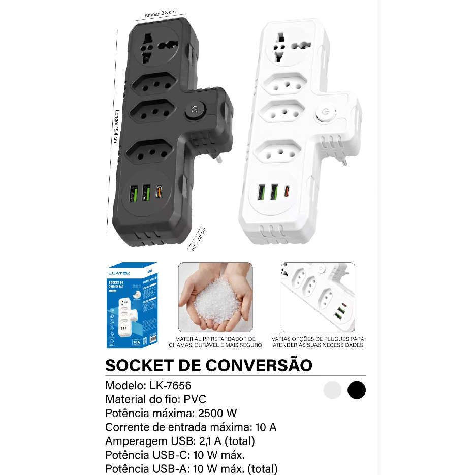 Régua de energia 7 em 1, 10A, com 4 tomadas elétricas, 2 portas USB e 1 porta Tipo-C.