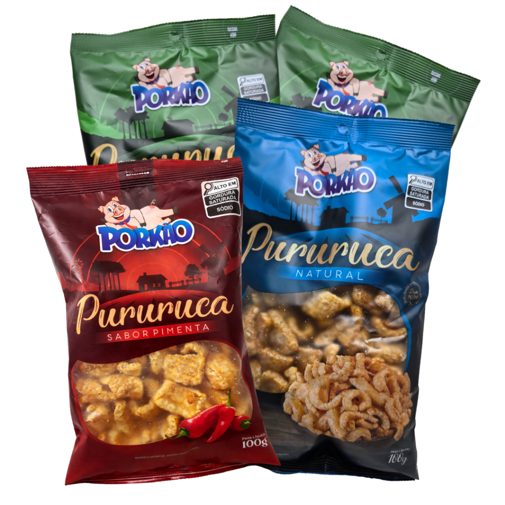 KIT 4 Pacotes 100g Pururuca Torresmo Crocante Pronto Porkão 400g Petisco Frito em Banha Natural Porco Raiz Salgadinho