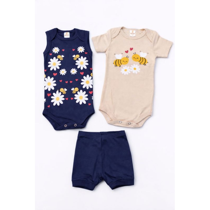 Kit Conjunto Bebê Menina 3 Peças - 2 Bodies (Manga Curta e Regata) + 1 Short Tapa Fralda - 100% Algodão Temático