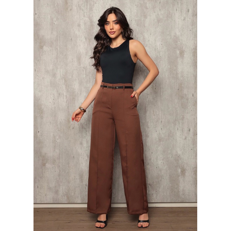 Calça Pantalona Alfaiataria Feminina com Cinto Cintura Alta Social Envio Imediato em Oferta na Shopee