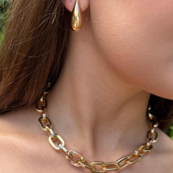 Conjunto Colar Elos Brinco Gota Dourado Feminino Cordao Gargantilha Choker Elegante Kit 2 Peças